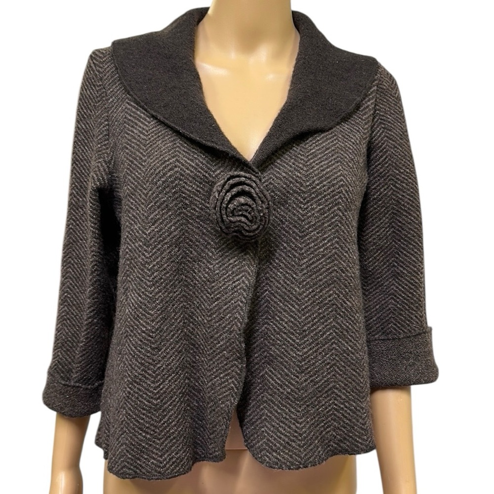 Vintage Wool Susan Bristol 3 Quarter Sleeve Cardigan Jacket Brown Herringbone M